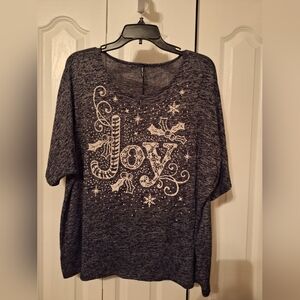 Forever Jade Brand Short Sleeve Christmas Top. Beaded, Word Joy on the front.